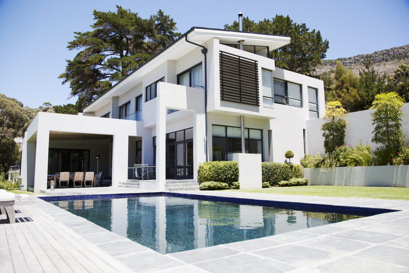 Luxury villa exterior with pool view