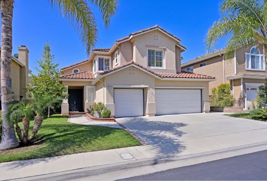 Modern two-story house with a three-car garage and palm trees.